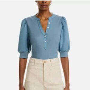 Veronica Beard Blue Coralee Short Puff Sleeve Button-Front Top, XS